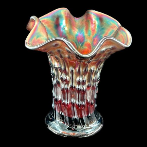 Fenton April Showers Carnival Glass Vase Ruffled Rim 6"H x5 3/4"W x 3 1/2" Base - Picture 1 of 8